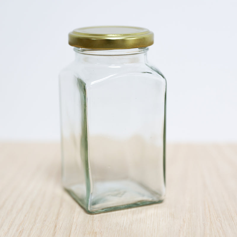Glass Bottle- 324ml Square Jar & 58mm Gold Twist cap